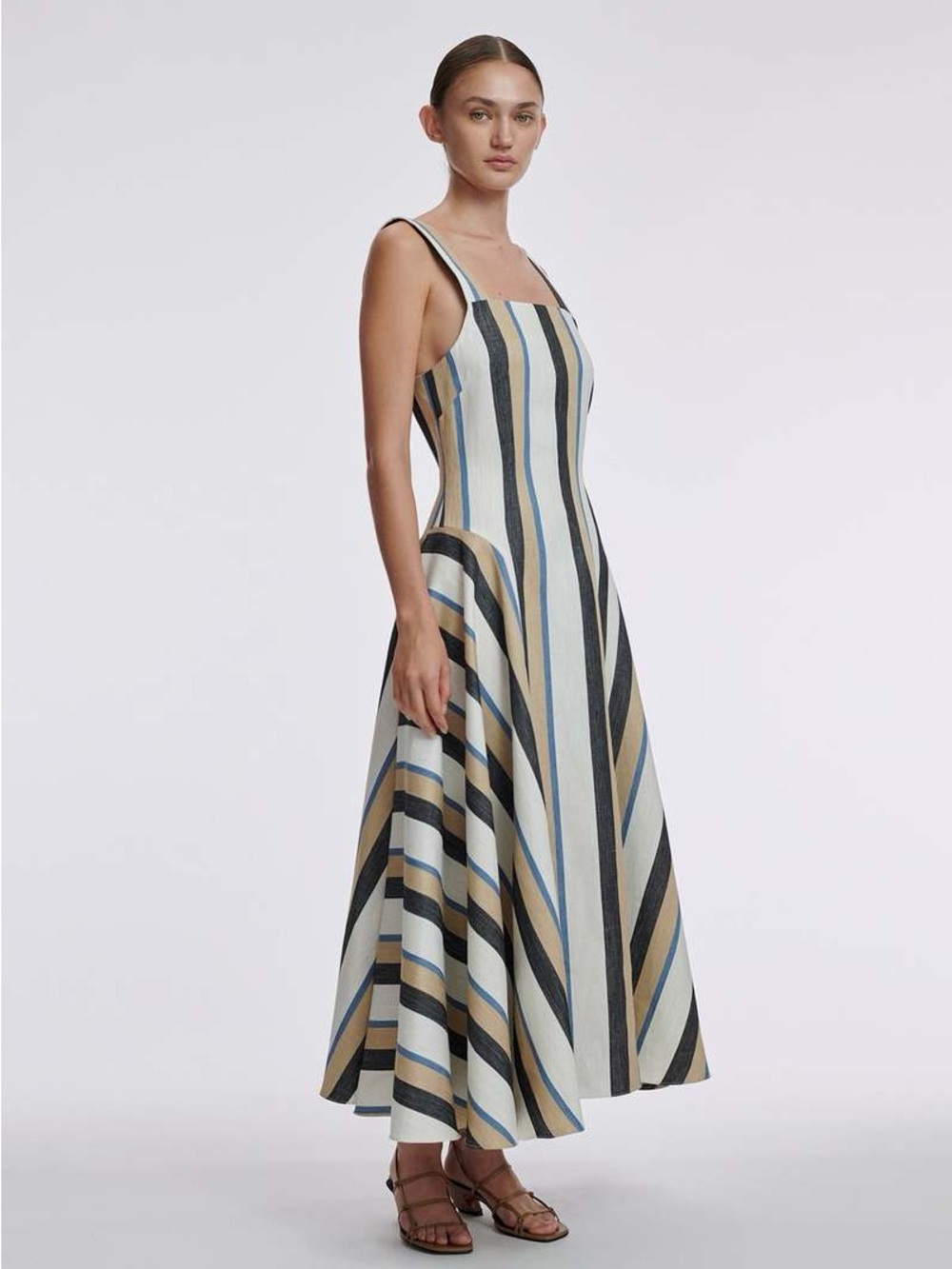 CO Striped Square-Neck Maxi Dress in White, Blue & Tan